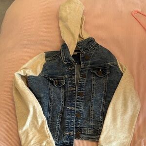 Kids Hooded Denim Jacket with Cream Knit Sleeves